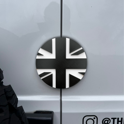 3D printed Union Jack rear door badge for VW Crafter - white flag on black background
