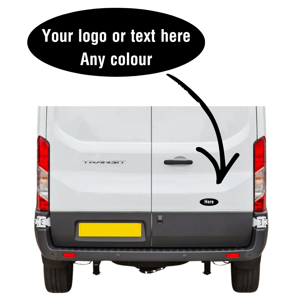 Customised Ford Transit rear door badge - example design with logo