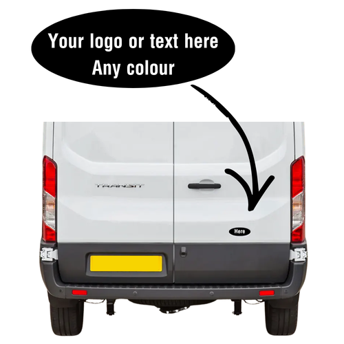 Customised Ford Transit rear door badge - example design with logo