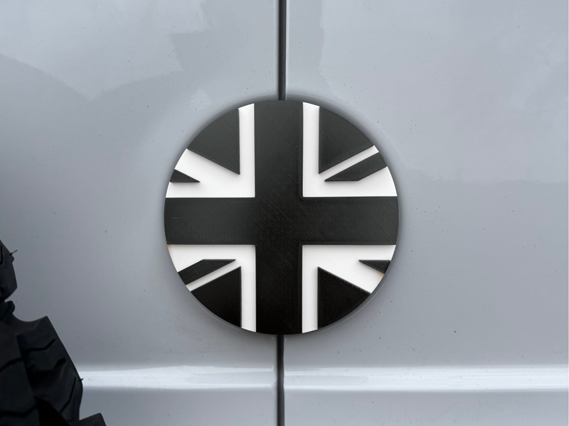 3D printed Union Jack rear door badge for VW Crafter - white flag on black background