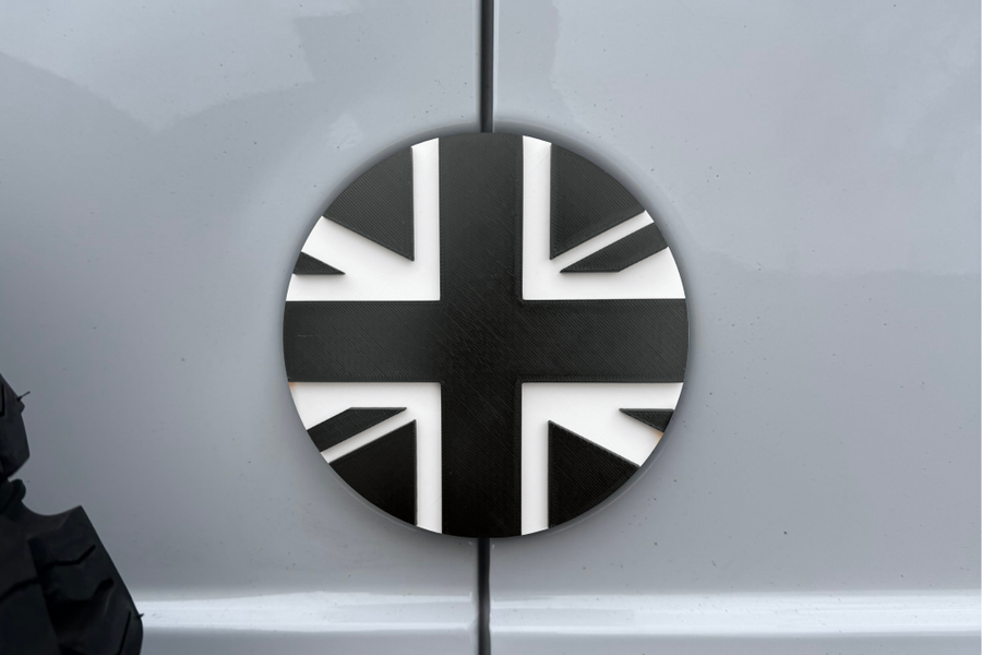 3D printed Union Jack rear door badge for VW Crafter - white flag on black background