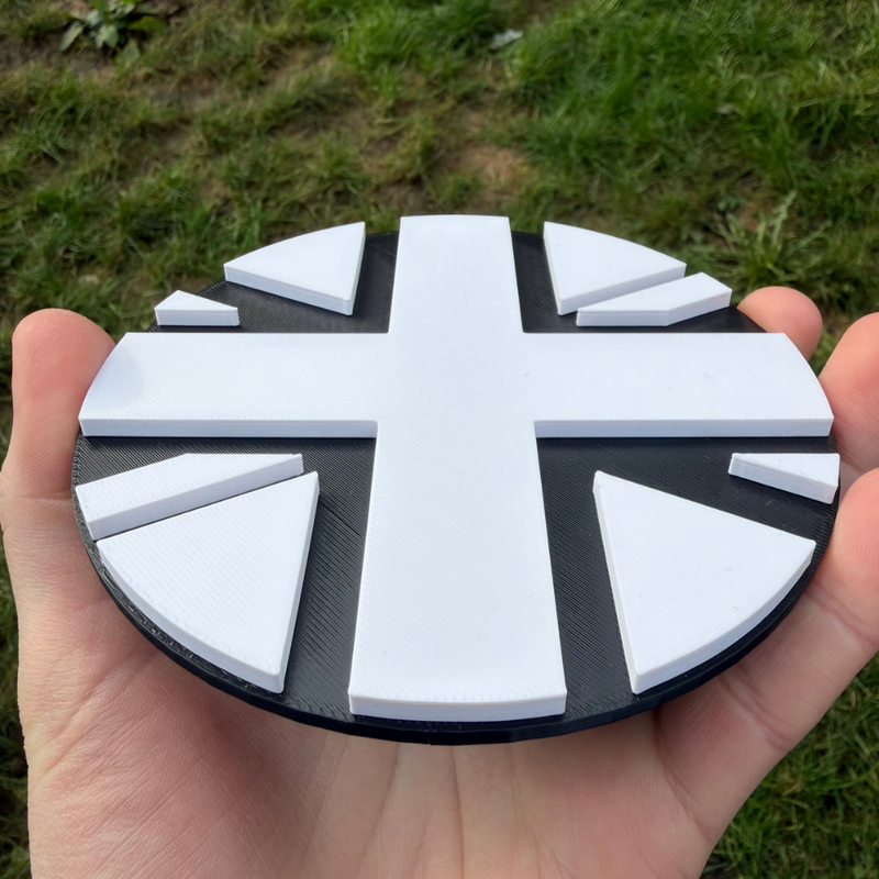Union Jack rear door badge white on black - close-up detail